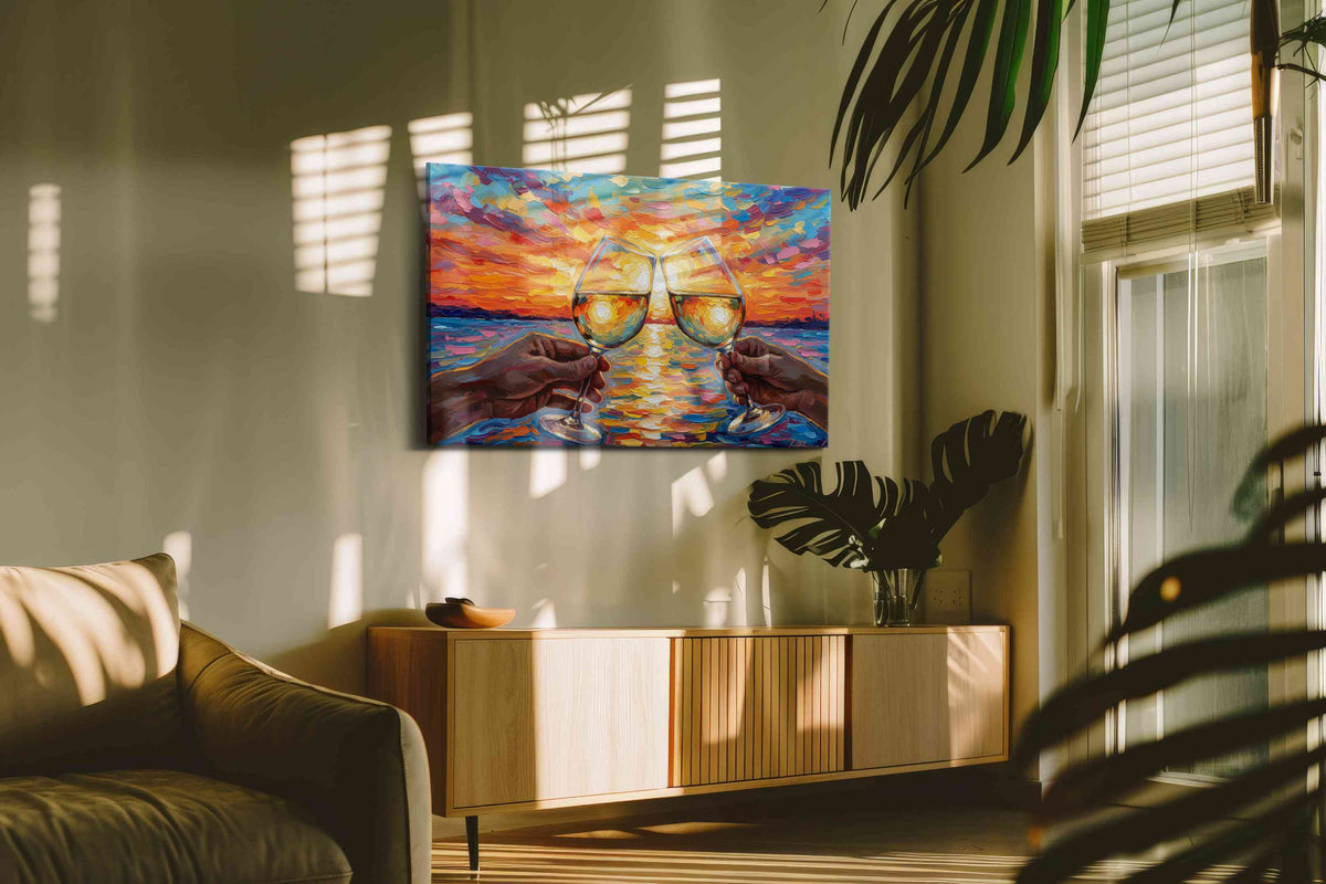 Toast to the Sunset Bliss romance canvas print in a hung canvas mockup