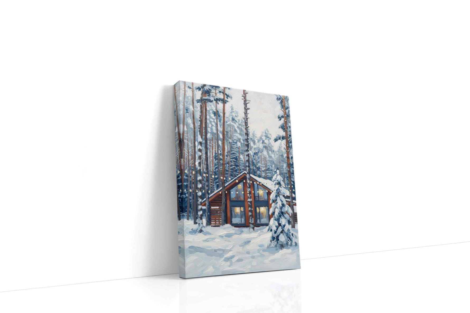 Cozy Cabin in Snowy Pines winter canvas print gallery-wrapped portrait canvas studio shot