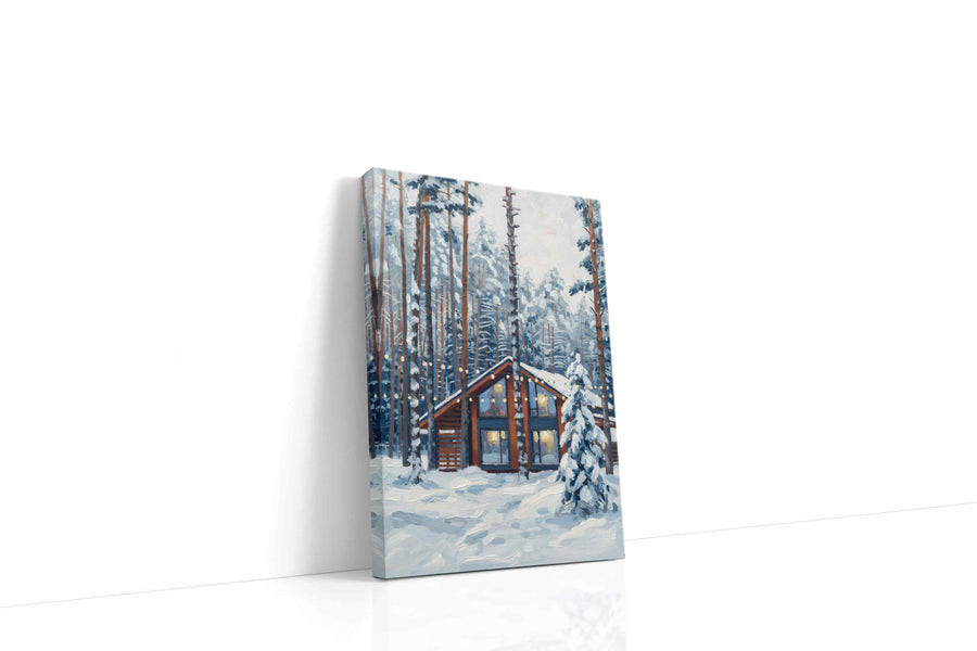 Cozy Cabin in Snowy Pines winter canvas print gallery-wrapped portrait canvas studio shot