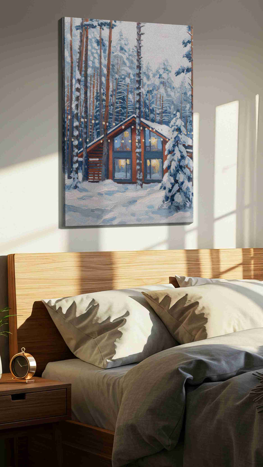 Cozy Cabin in Snowy Pines winter canvas print, displayed in a bedroom