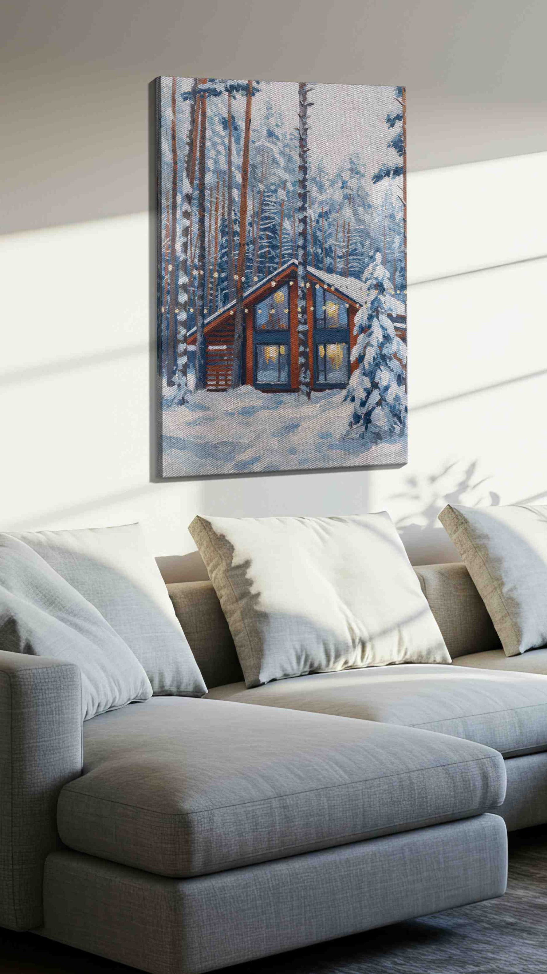 Cozy Cabin in Snowy Pines winter canvas print, displayed in a living room