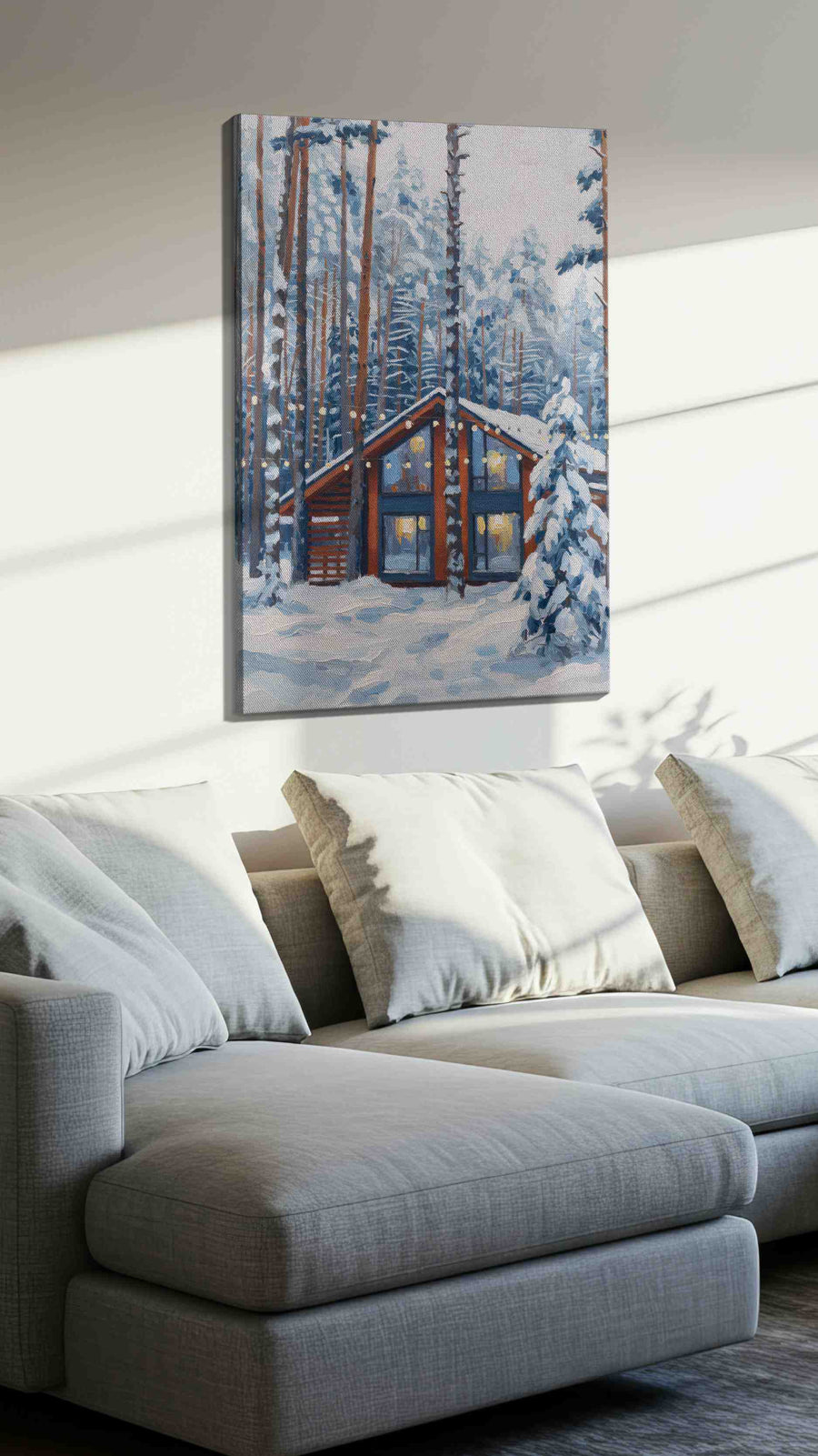 Cozy Cabin in Snowy Pines winter canvas print, displayed in a living room