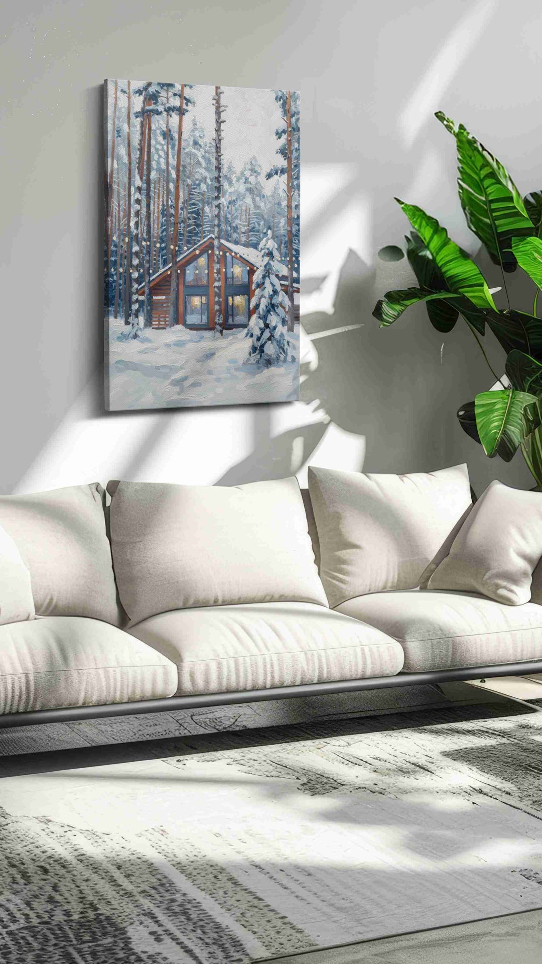 Cozy Cabin in Snowy Pines – winter canvas wall art, gallery-wrapped, ready to hang