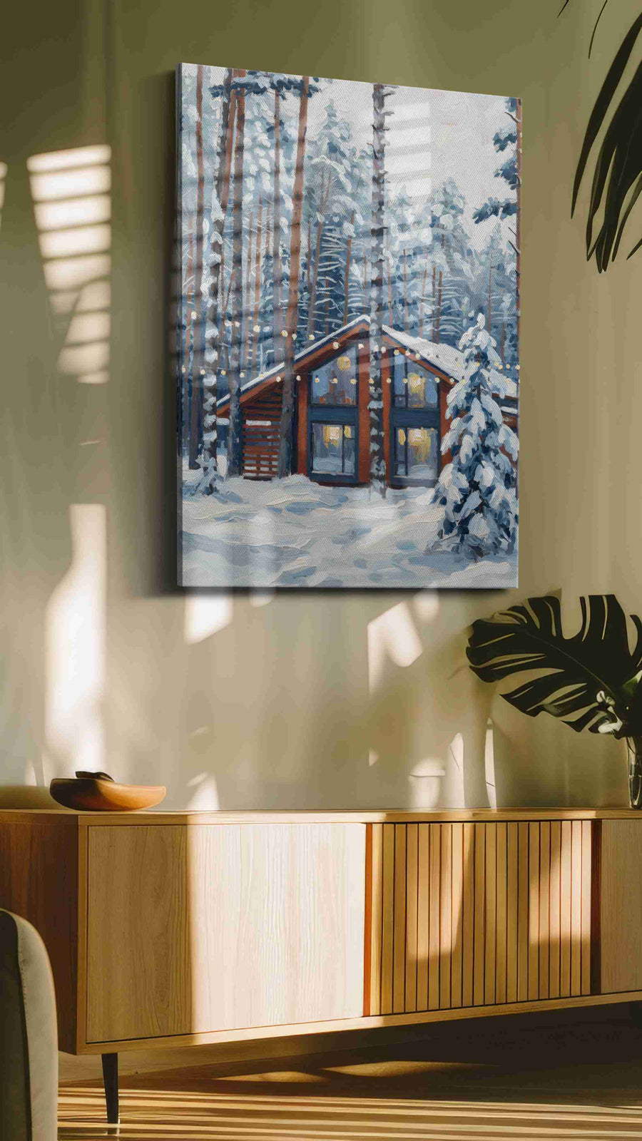 Cozy Cabin in Snowy Pines winter canvas print, on wall, lifestyle preview