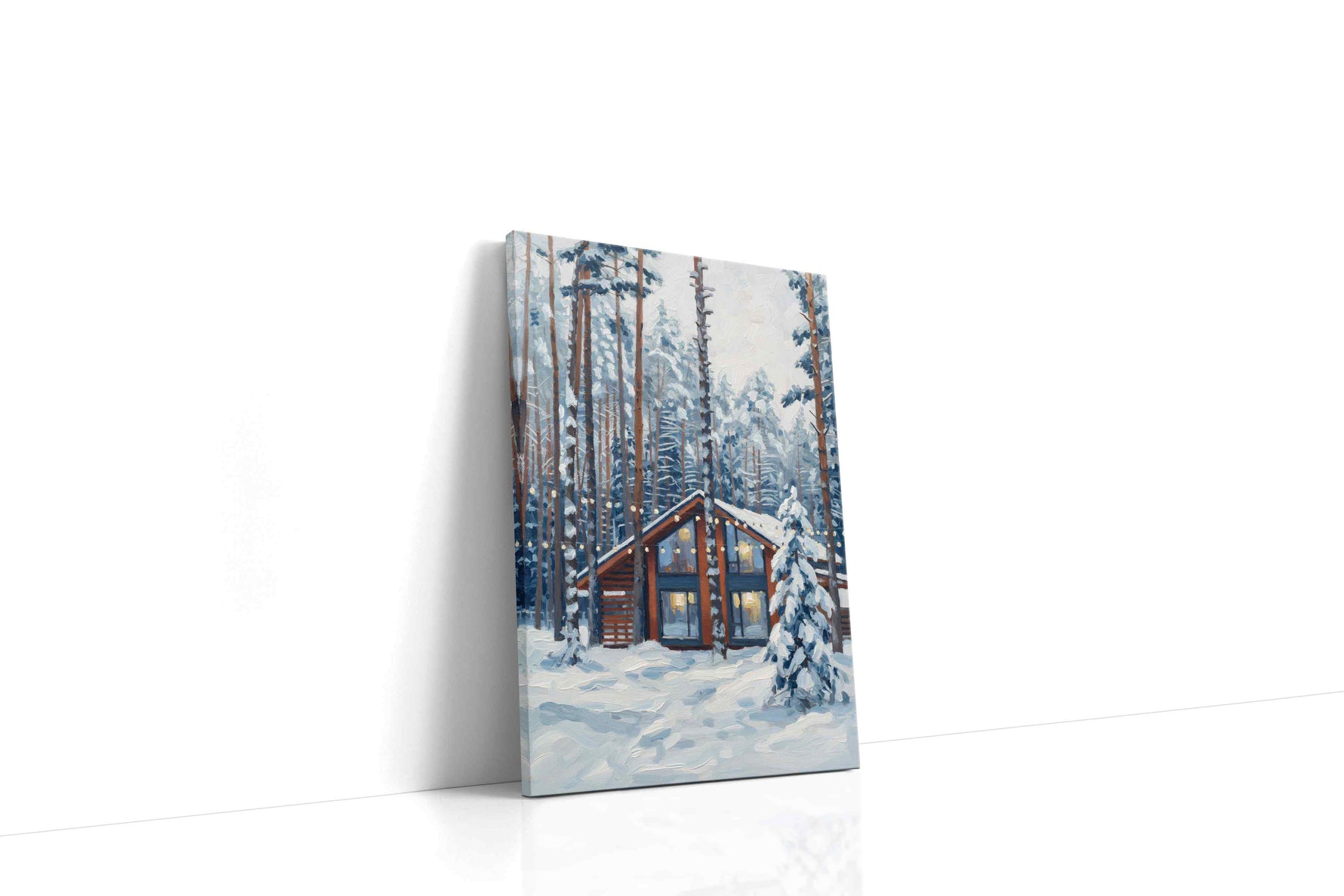 Cozy Cabin in Snowy Pines winter canvas print, gallery-wrapped, ready to hang