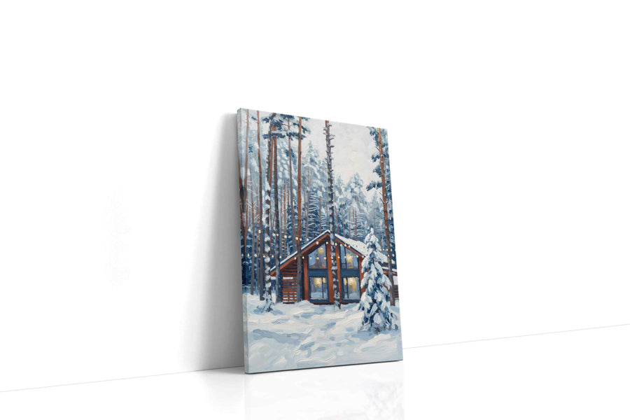 Cozy Cabin in Snowy Pines winter canvas print, gallery-wrapped, ready to hang