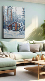 Cozy Cabin in Snowy Pines winter canvas print, hanging on wall