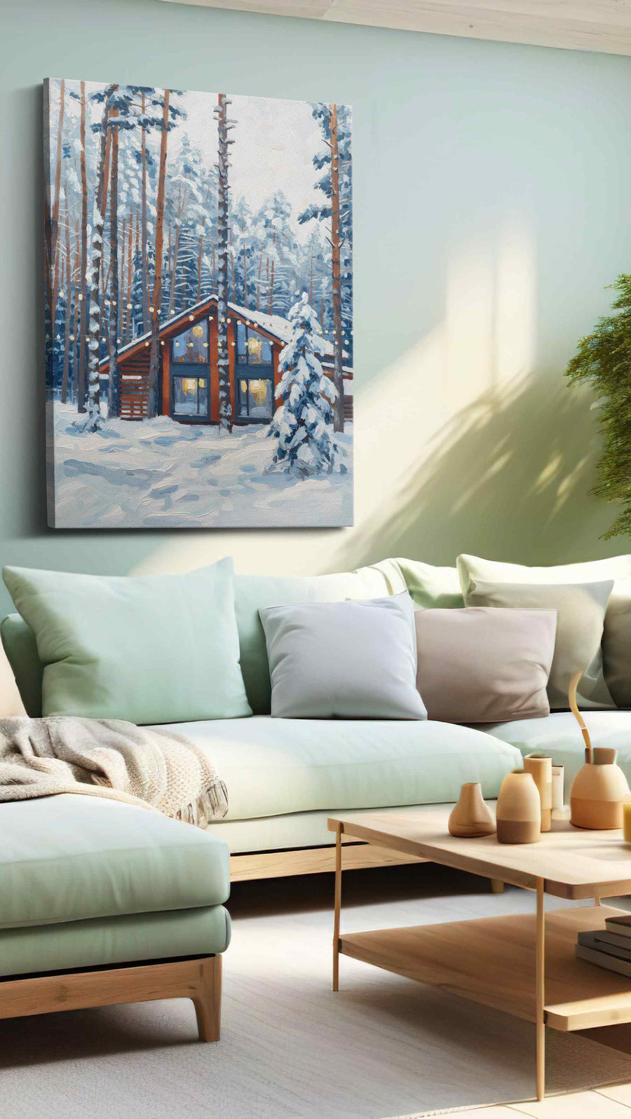Cozy Cabin in Snowy Pines winter canvas print, hanging on wall