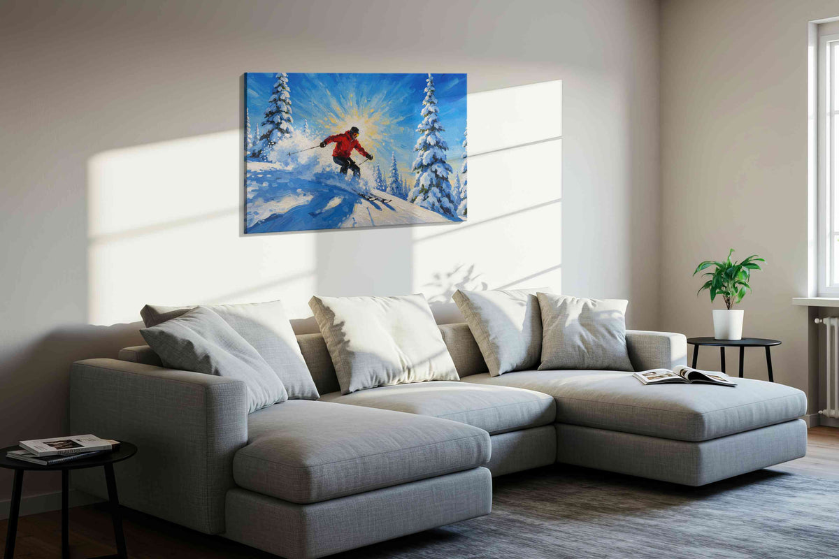 Glide Through Snowy Splendor sports canvas print, displayed in a living room