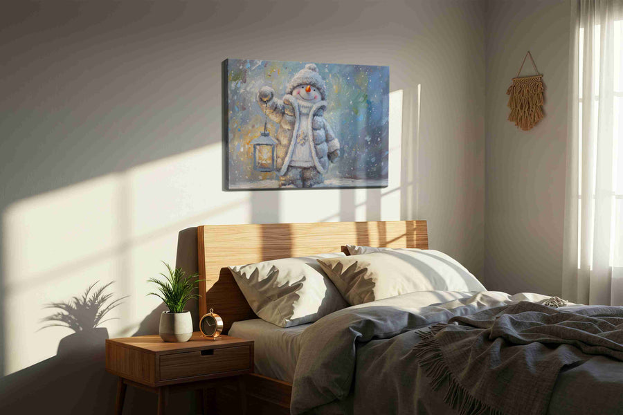 Snowy Lantern Dreams winter canvas print, displayed in a bedroom