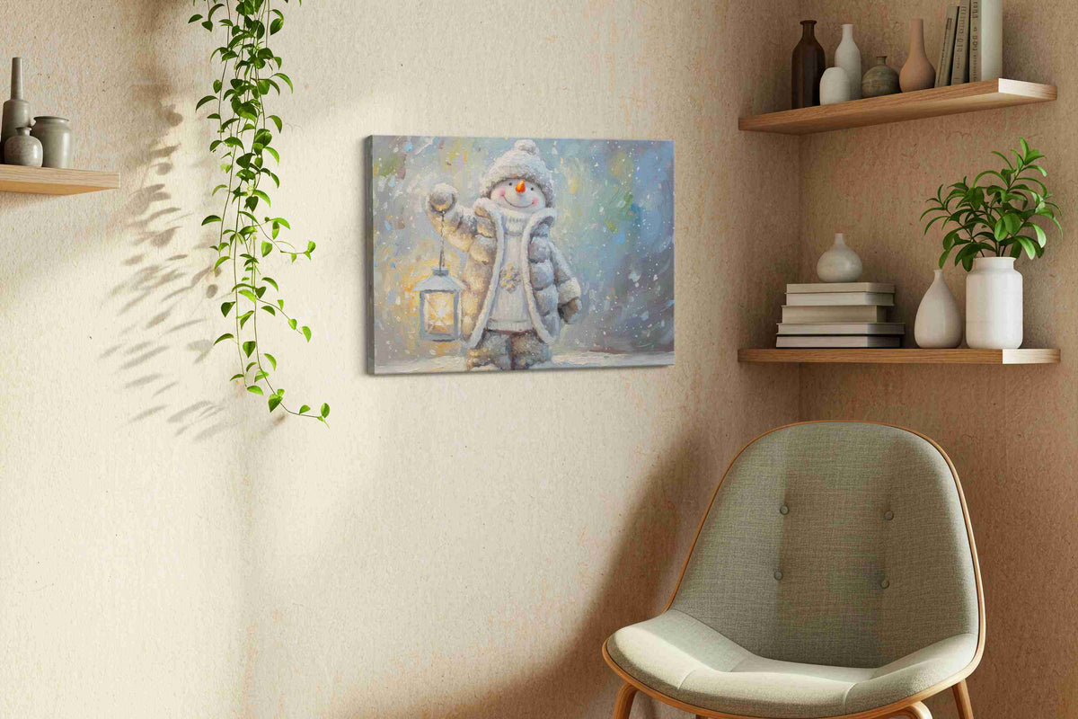 Snowy Lantern Dreams winter canvas print, displayed in a living room