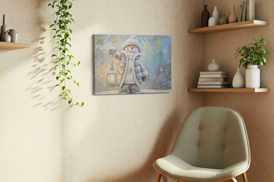 Snowy Lantern Dreams winter canvas print, displayed in a living room