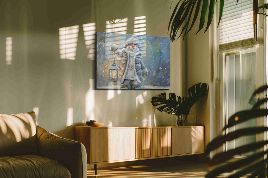 Snowy Lantern Dreams winter canvas print, on wall, lifestyle preview