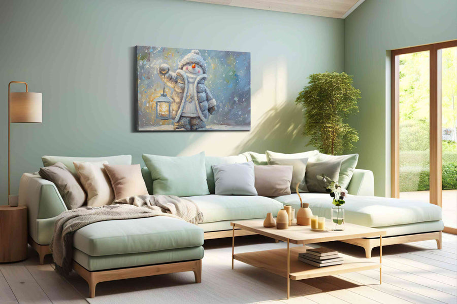 Snowy Lantern Dreams winter canvas print, hanging on wall