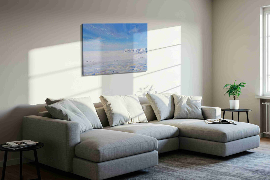 Whispers of Icy Horizons winter canvas print in a living room scene