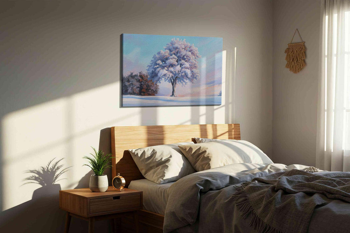 Whispers of Winter's Embrace landscape canvas print, displayed in a bedroom