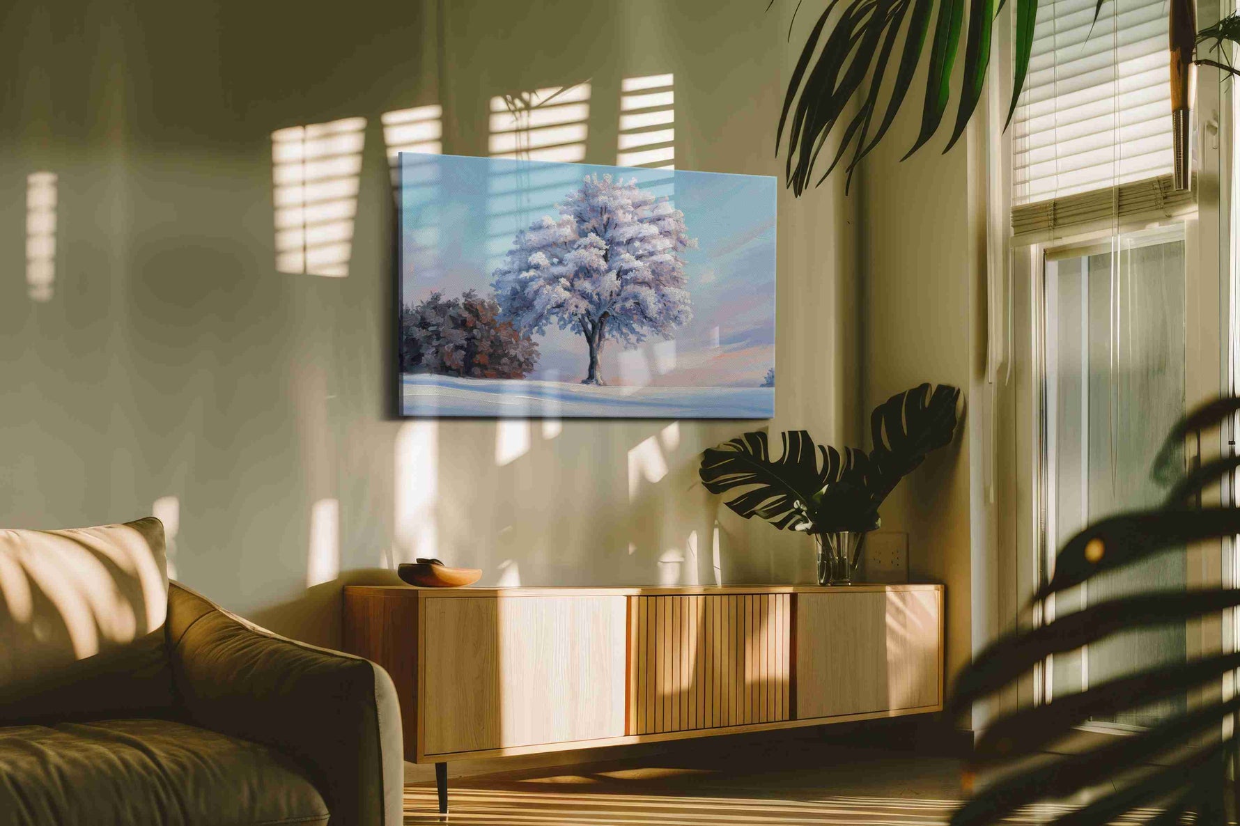 Whispers of Winter's Embrace landscape canvas print, hanging on wall — in a hung canvas mockup