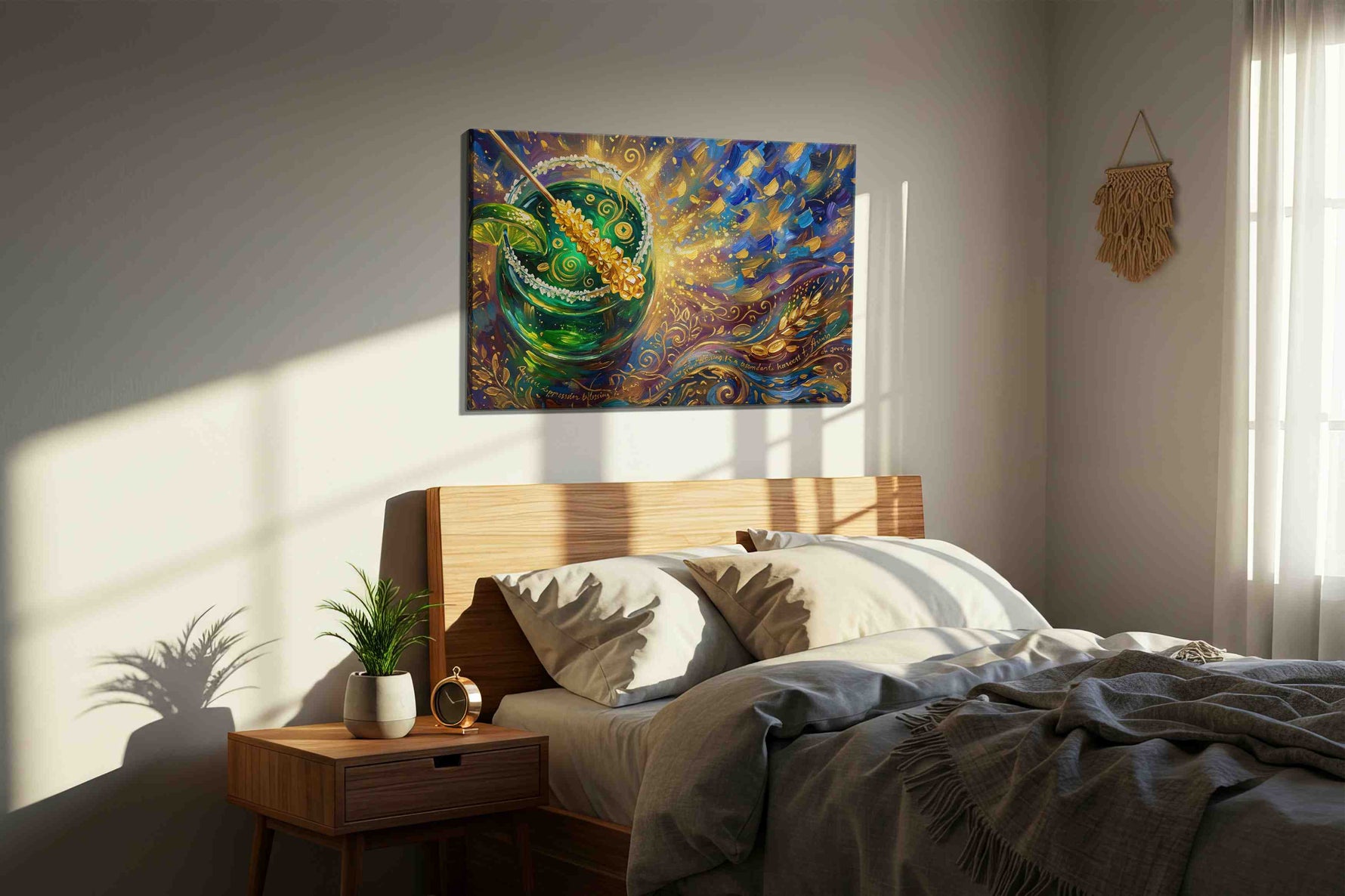 Emerald Elixir Symphony fortune canvas print, displayed in a bedroom