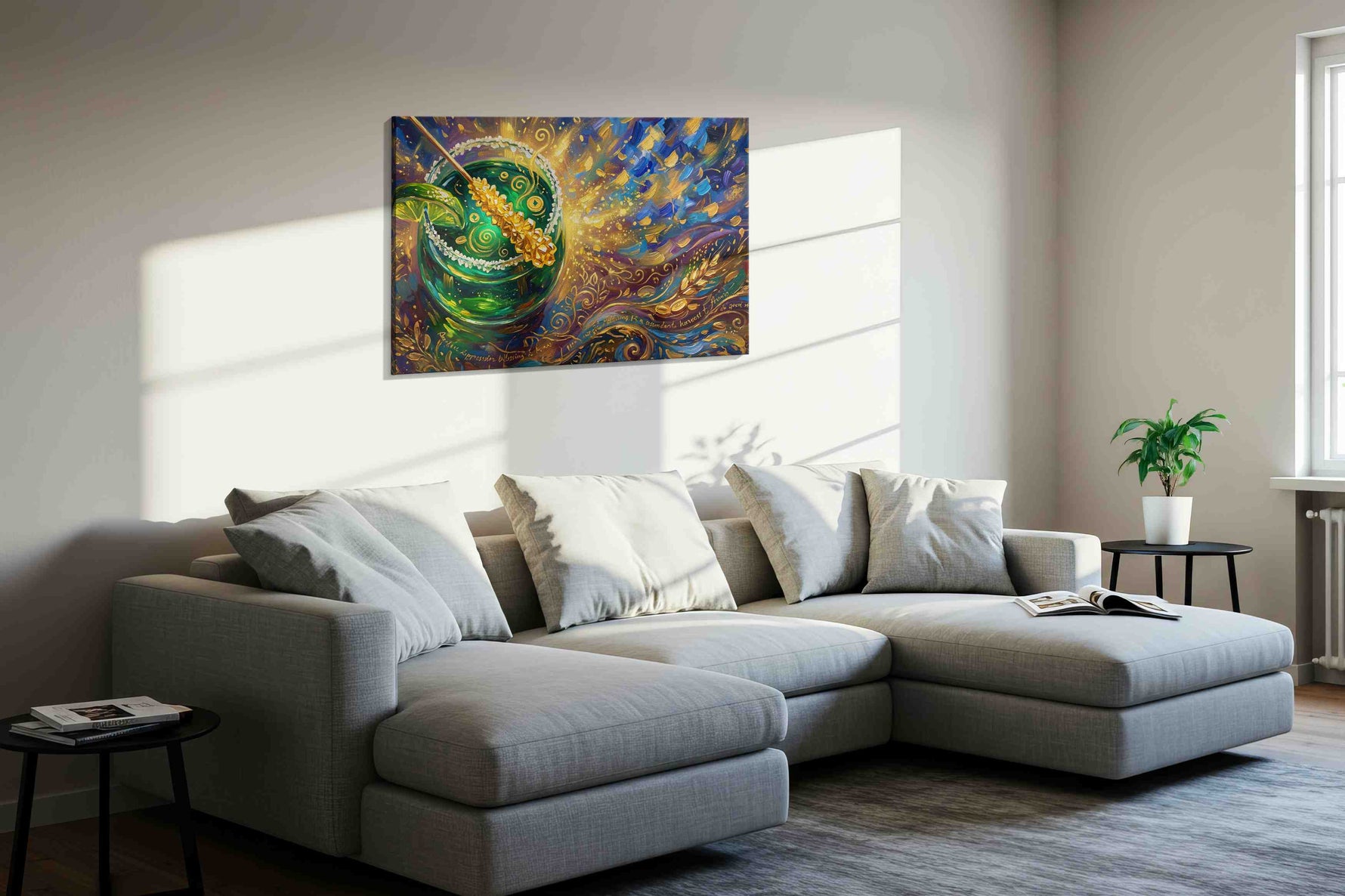 Emerald Elixir Symphony fortune canvas print, displayed in a living room
