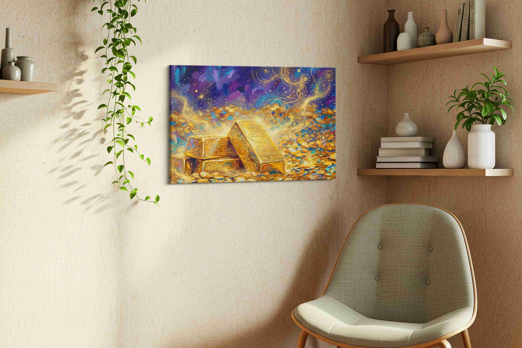 Golden Dreams Unveiled fortune canvas print styled in a living room