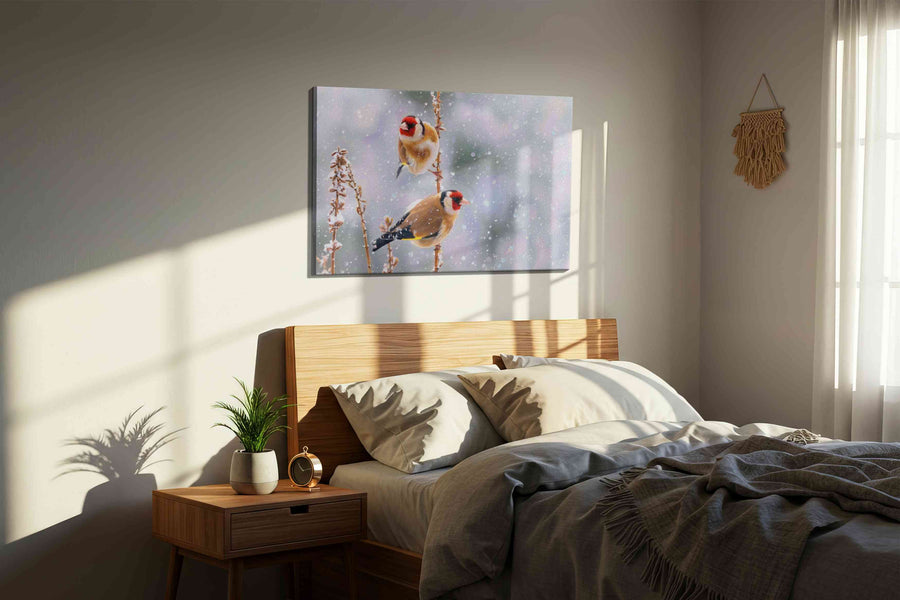 Winter's Winged Companions winter canvas print, displayed in a bedroom
