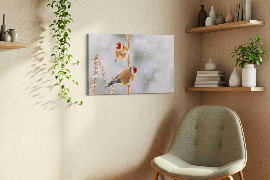 Winter's Winged Companions winter canvas print, displayed in a living room