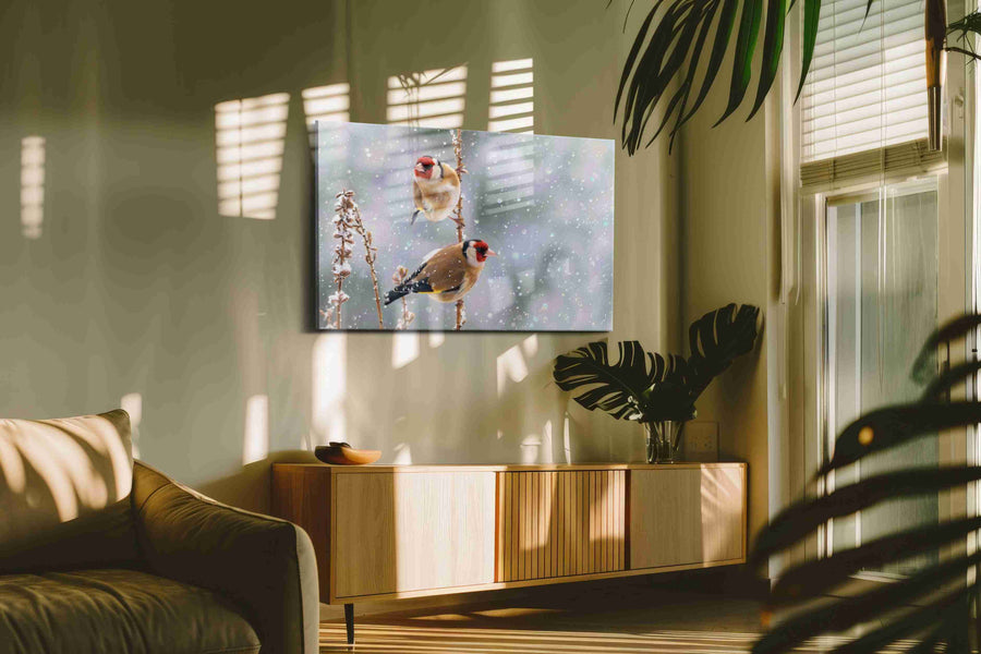 Winter's Winged Companions winter canvas print, hanging on wall