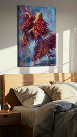 Dance of the Fiery Muse dancing canvas print, displayed in a bedroom
