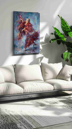Dance of the Fiery Muse dancing canvas print in a modern interior mockup