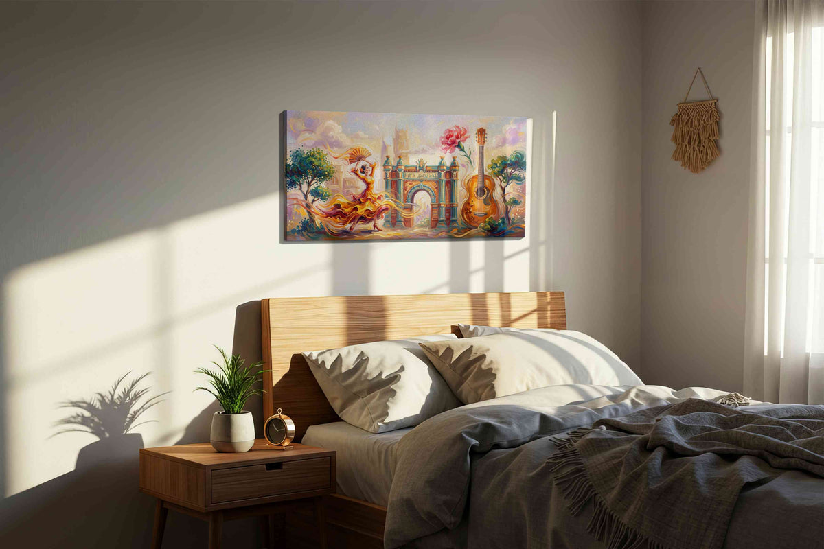 Dance of the Spanish Whirlwind dancing canvas print, displayed in a bedroom