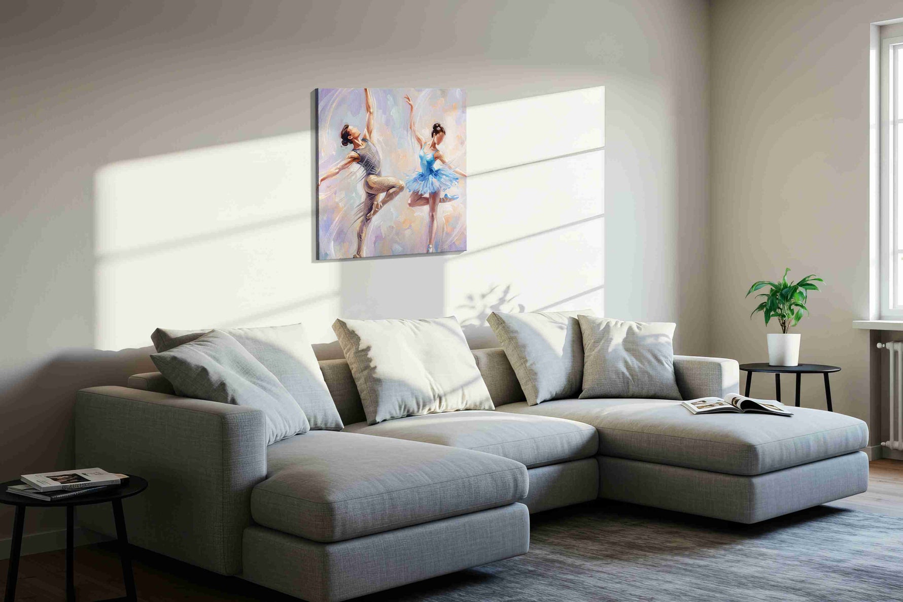 Ethereal Ballet Harmony dancing canvas print, displayed in a living room