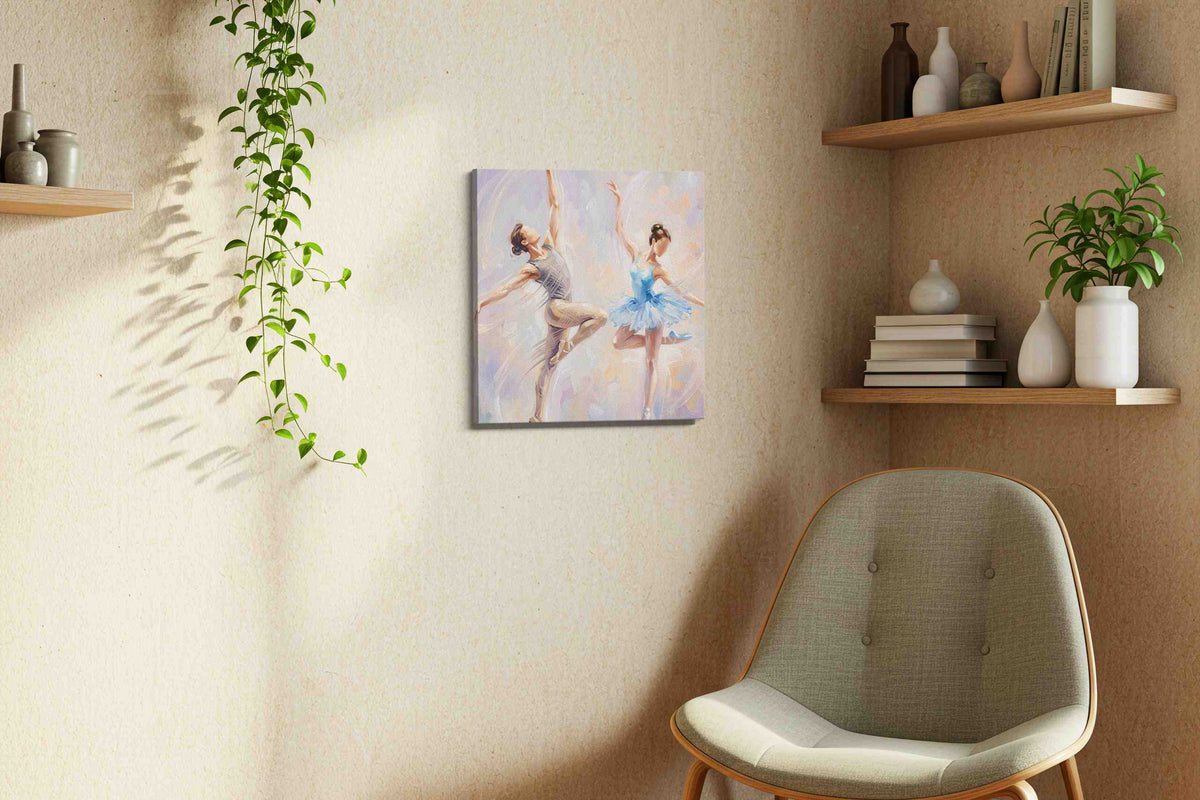 Ethereal Ballet Harmony dancing canvas print styled in a living room