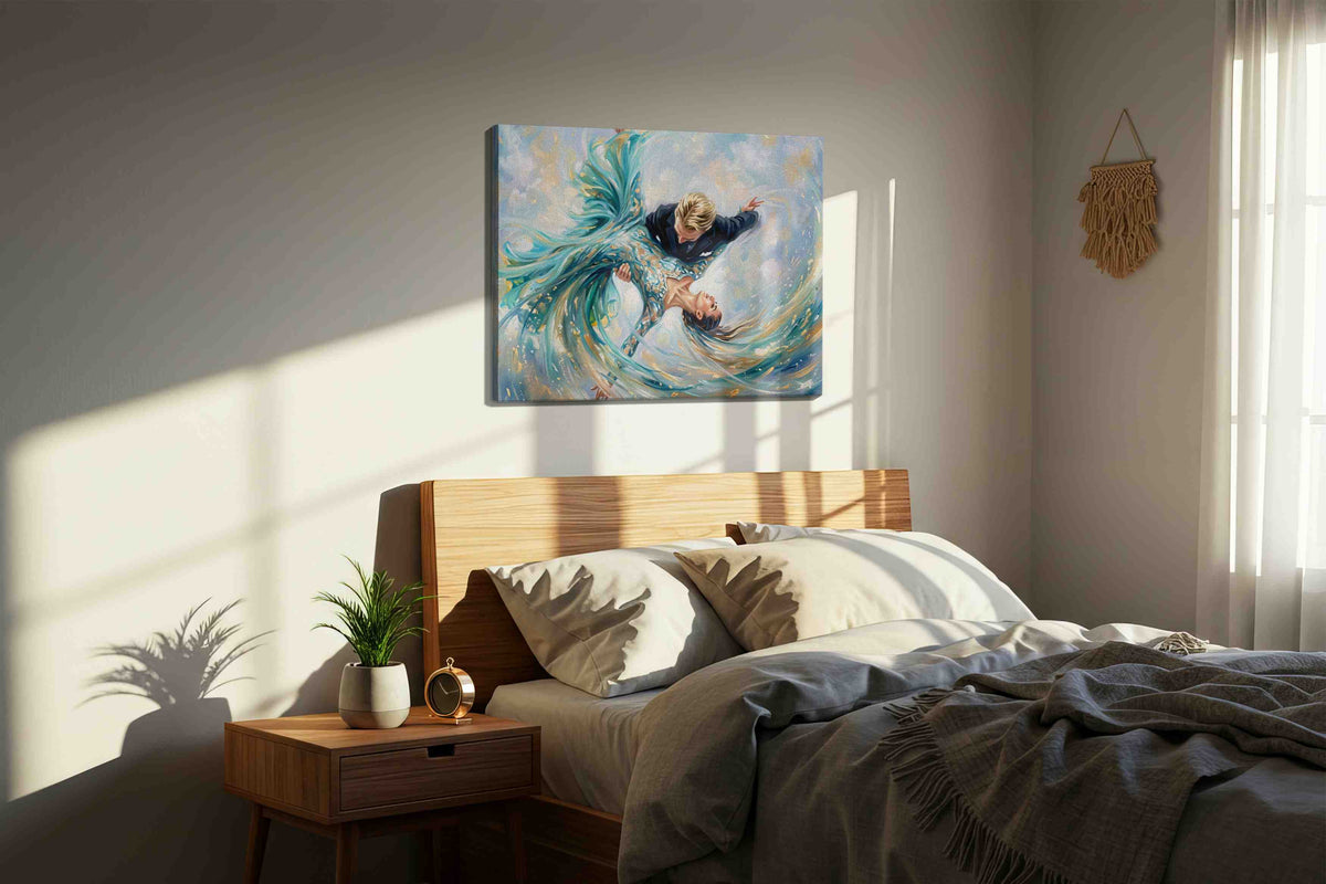 Waltz in the Heavens dancing canvas print, displayed in a bedroom
