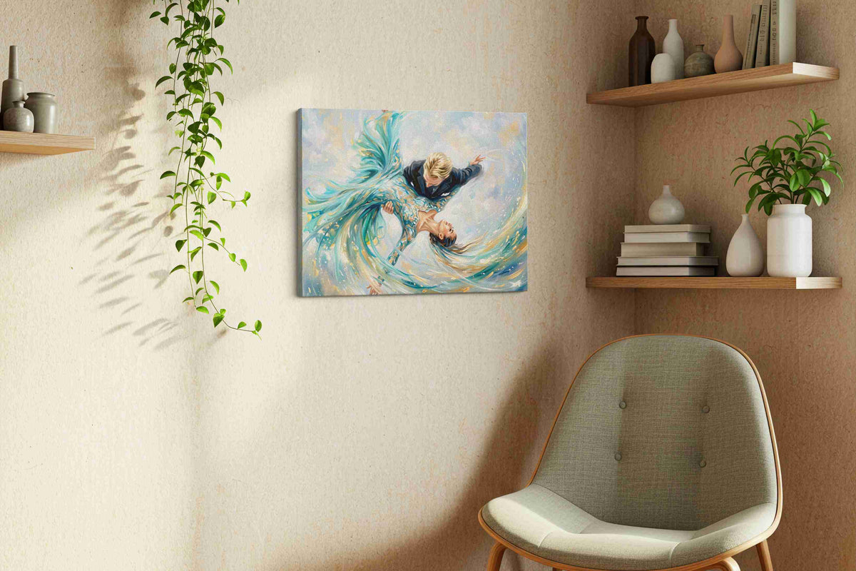 Waltz in the Heavens dancing canvas print, displayed in a living room