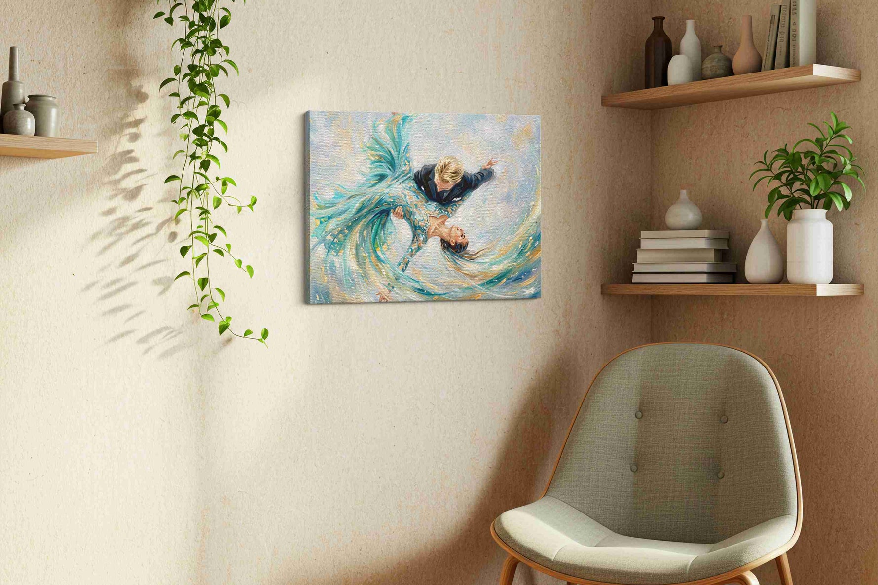 Waltz in the Heavens dancing canvas print, displayed in a living room