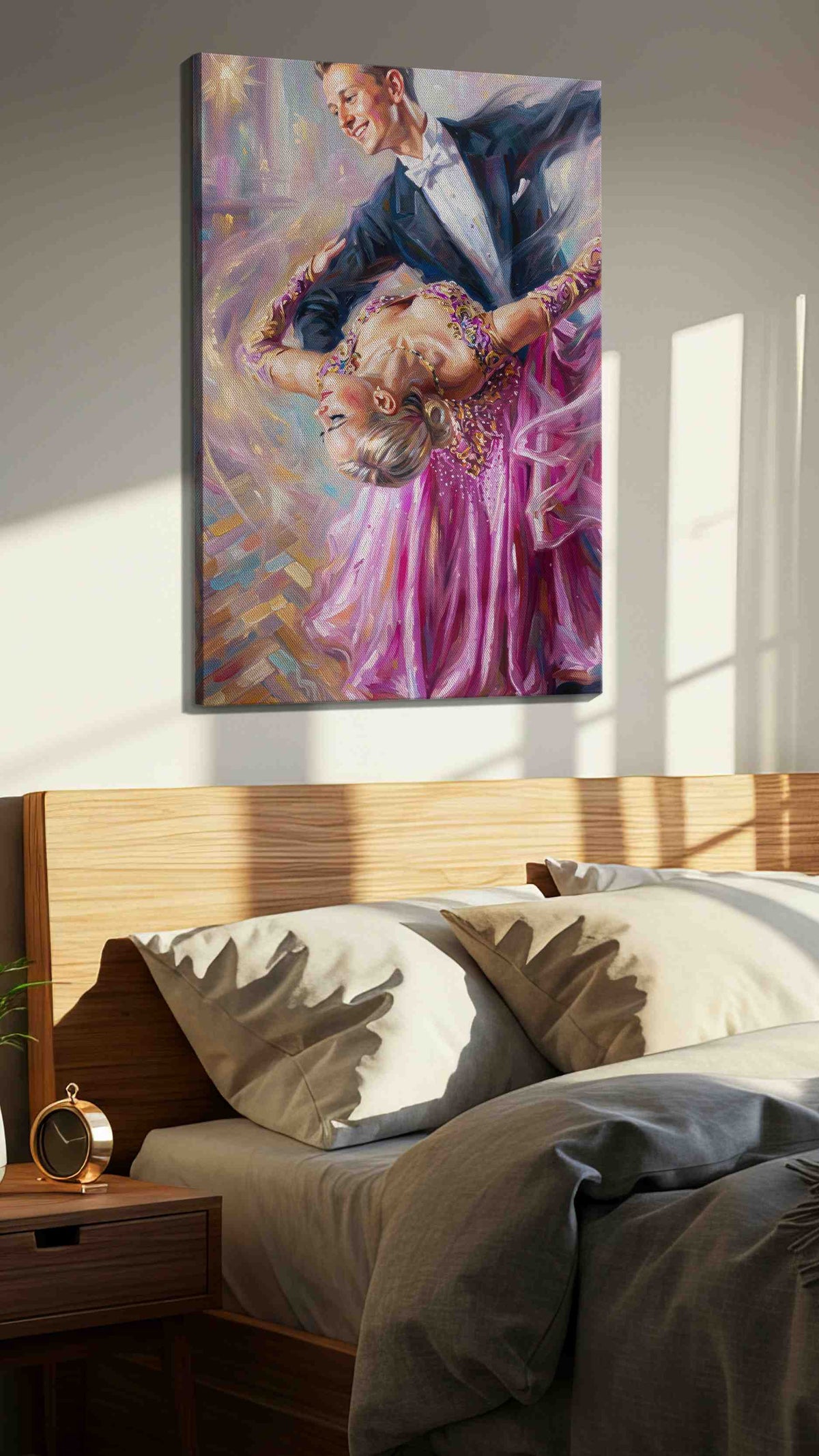 Waltz of Whispers dancing canvas print, displayed in a bedroom