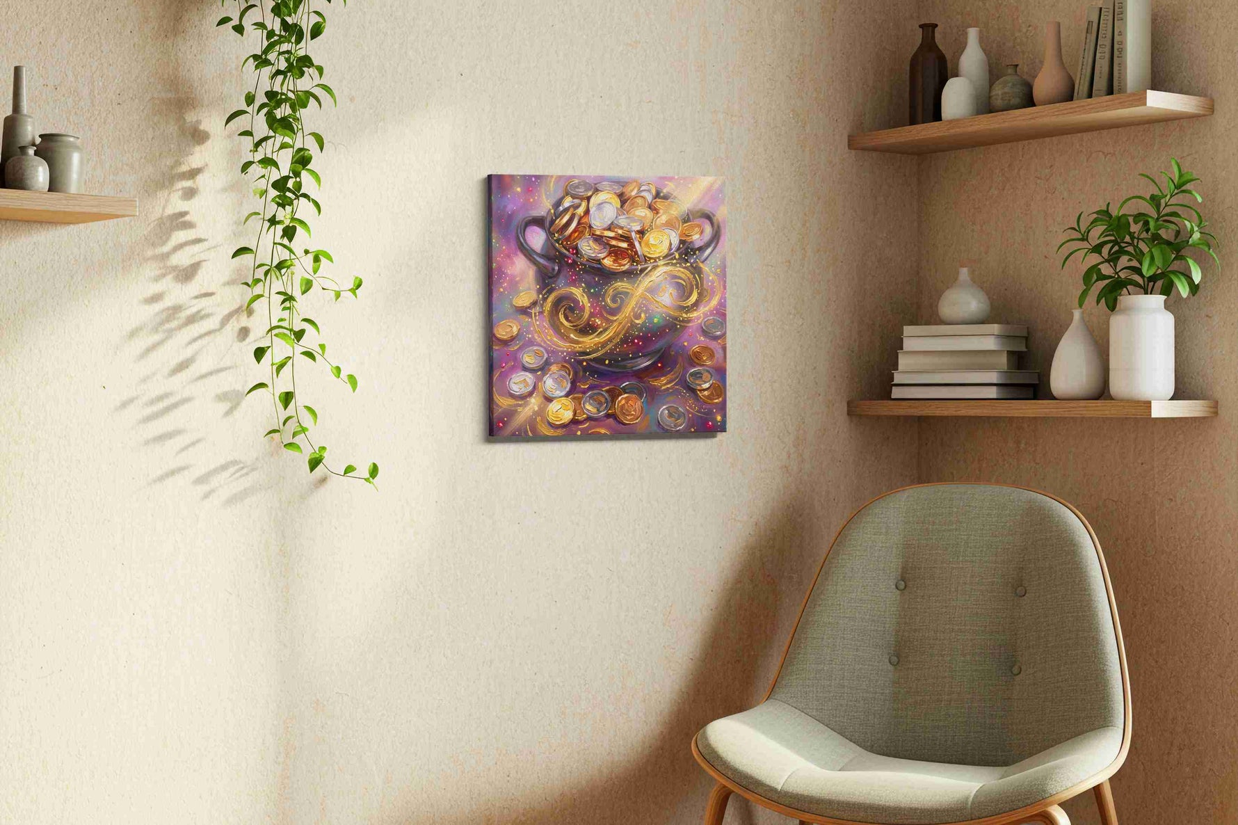 Cauldron of Endless Riches fortune canvas print styled in a living room