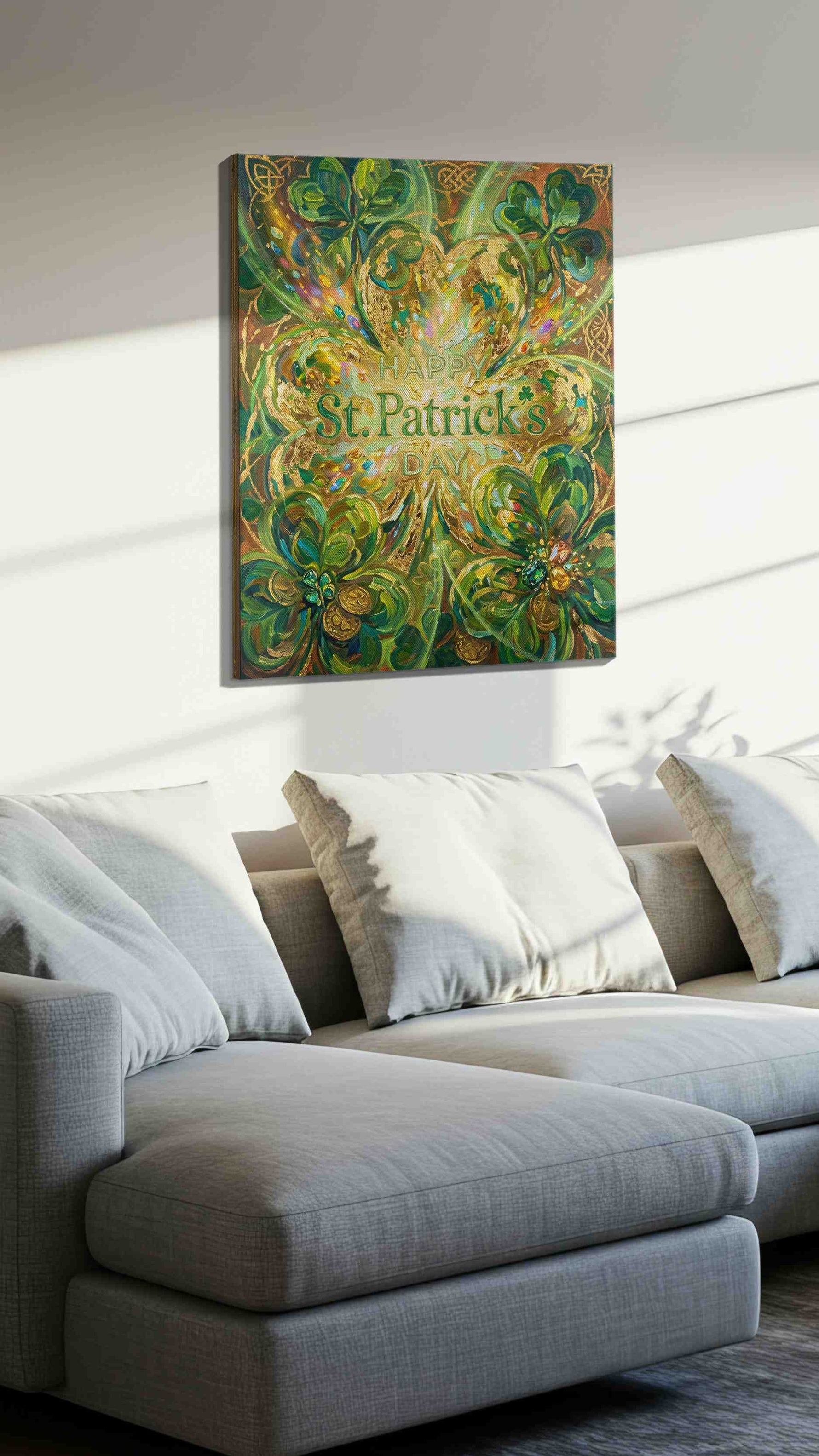 Emerald Whirl of Fortune fortune canvas print, displayed in a living room