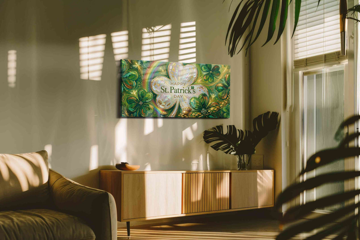 Emerald Wishes & Golden Dreams fortune canvas print, hanging on wall — in a hung canvas mockup