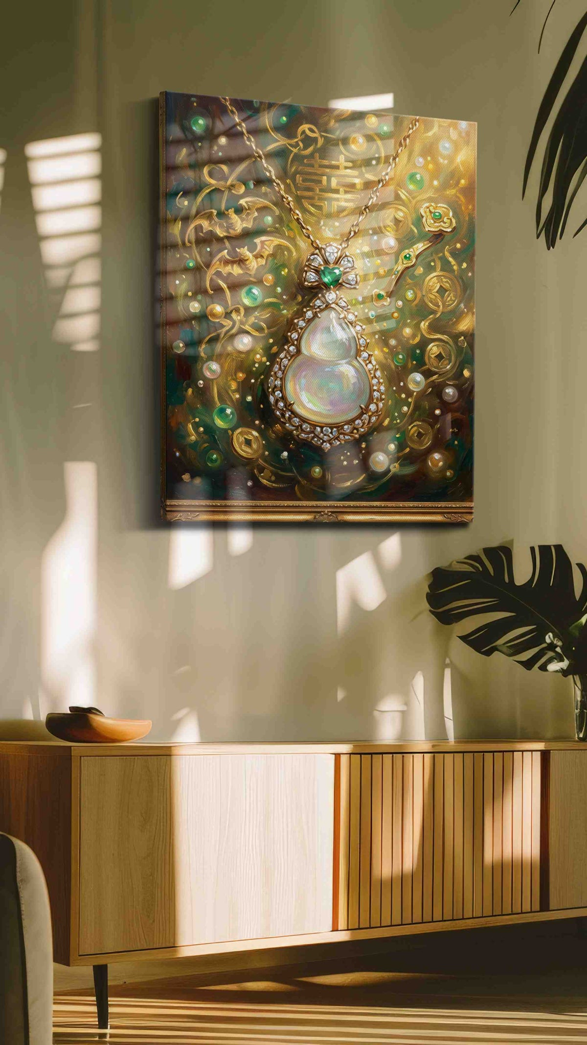Emerald Echoes of Abundance fortune canvas print in a hung canvas mockup
