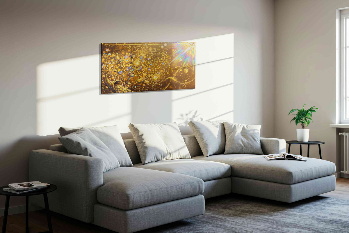 Golden Abundance Oasis fortune canvas print, displayed in a living room