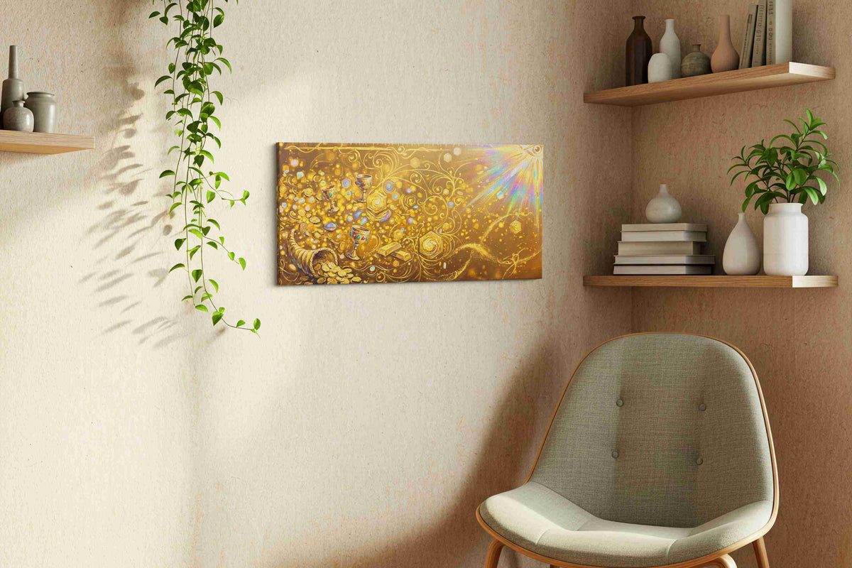 Golden Abundance Oasis fortune canvas print styled in a living room