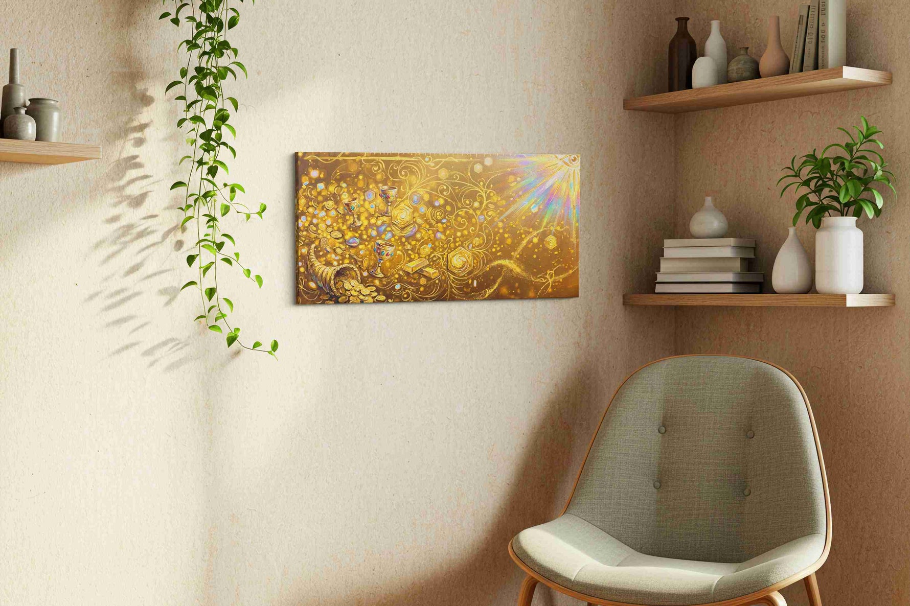 Golden Abundance Oasis fortune canvas print styled in a living room