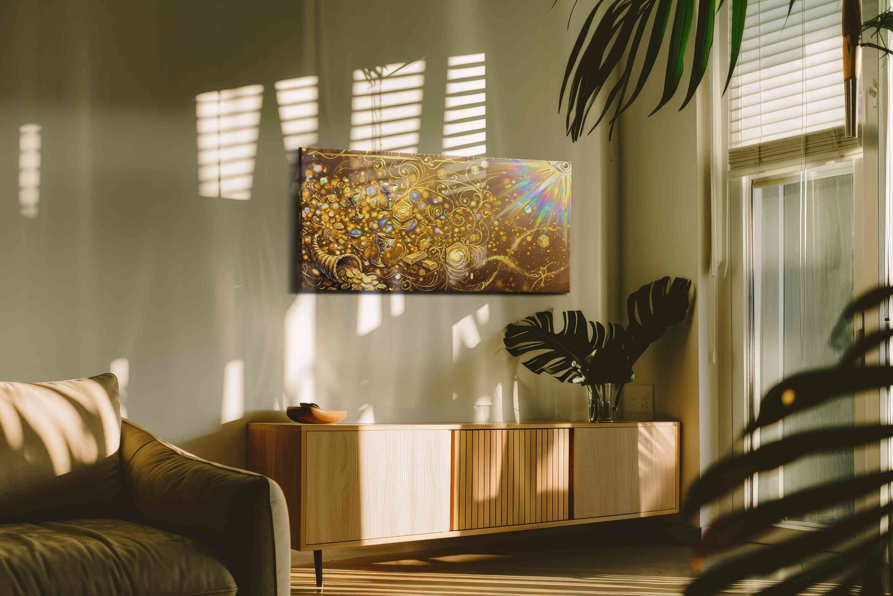 Golden Abundance Oasis fortune canvas print in a contemporary interior mockup