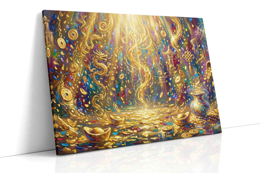 Golden Cascade of Fortune – fortune canvas wall art, gallery-wrapped, ready to hang