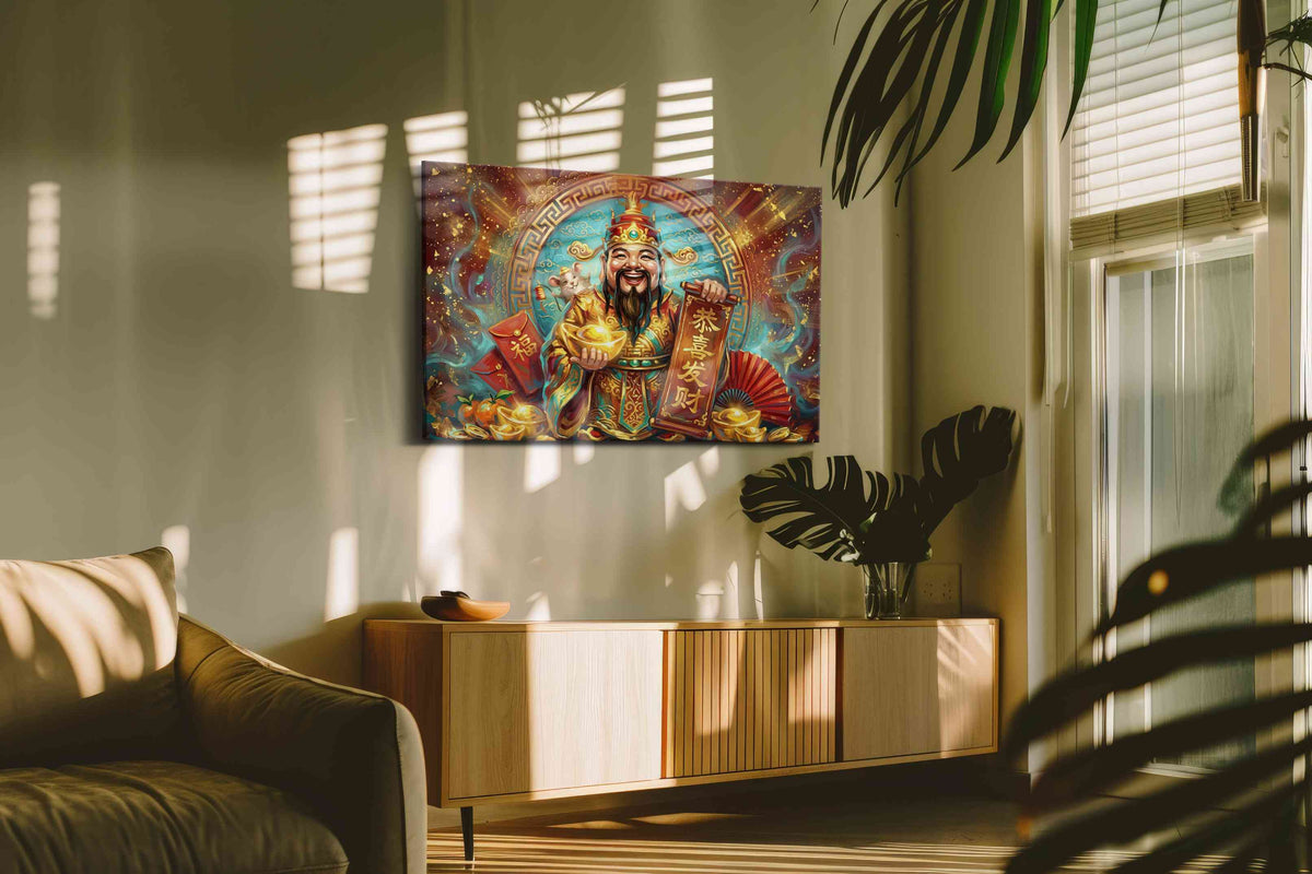 Golden Prosperity Celebration fortune canvas print, hanging on wall
