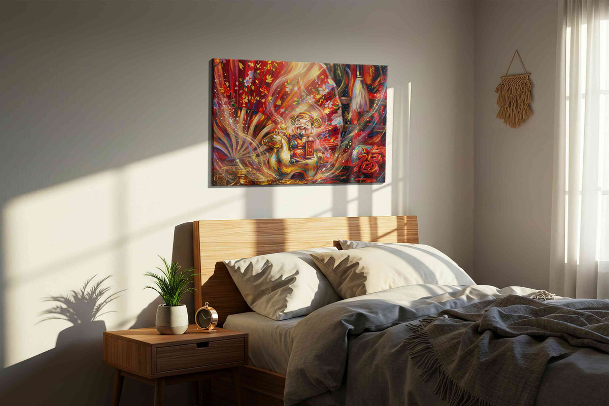 Golden Prosperity Festival fortune canvas print, displayed in a bedroom