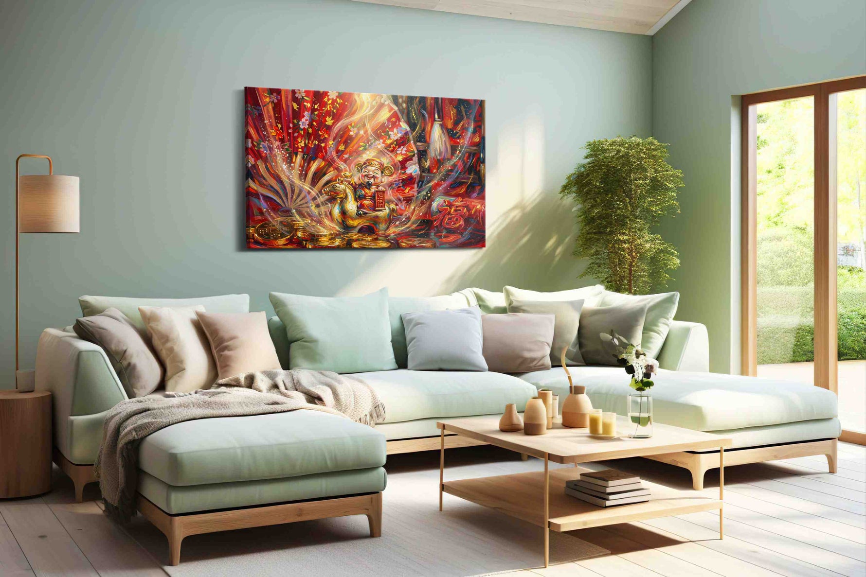 Golden Prosperity Festival fortune canvas print shown in a wall scene