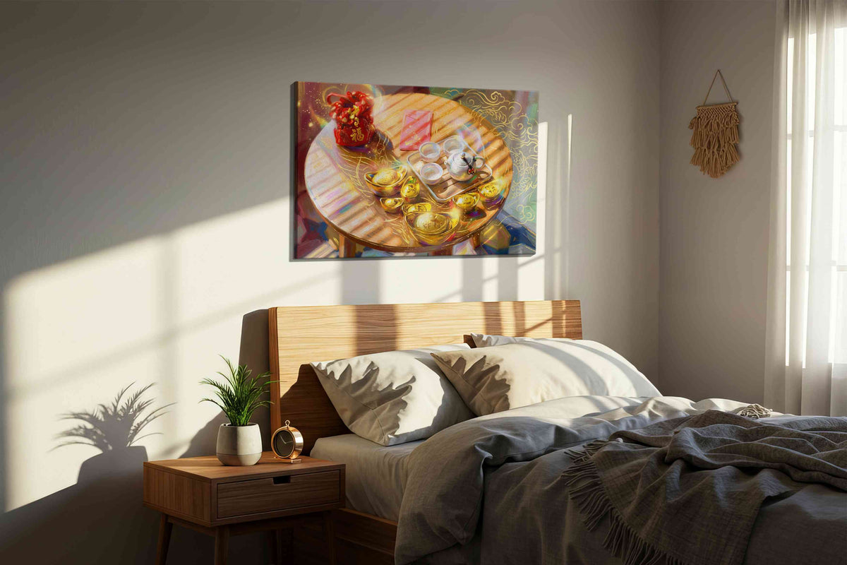 Golden Reverie of Prosperity fortune canvas print, displayed in a bedroom