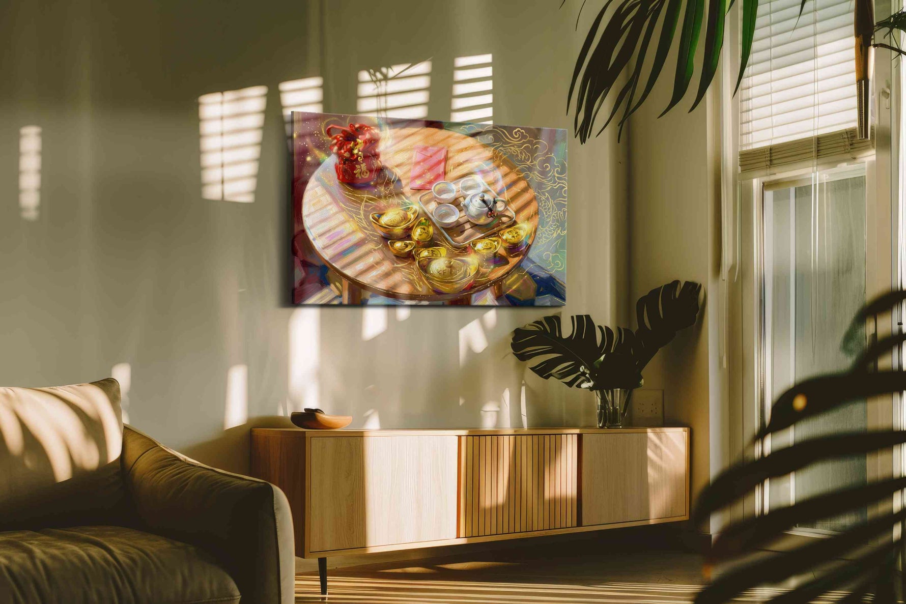Golden Reverie of Prosperity fortune canvas print, hanging on wall — in a hung canvas mockup